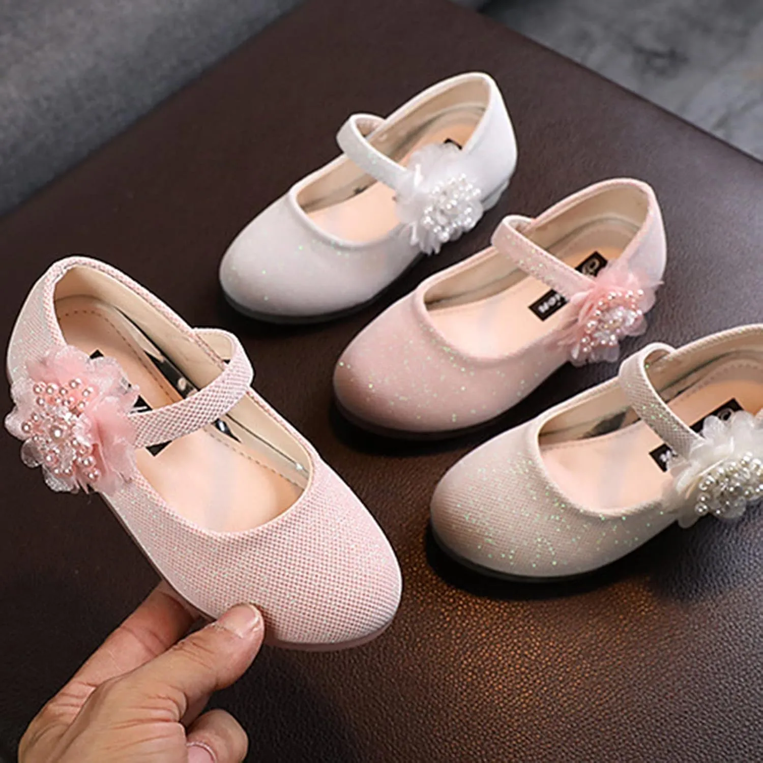 Baby Girls Dress Mary Jane Shining Ballet Flat Toddler School Princess Wedding Pearl Flower Glitter Shoes