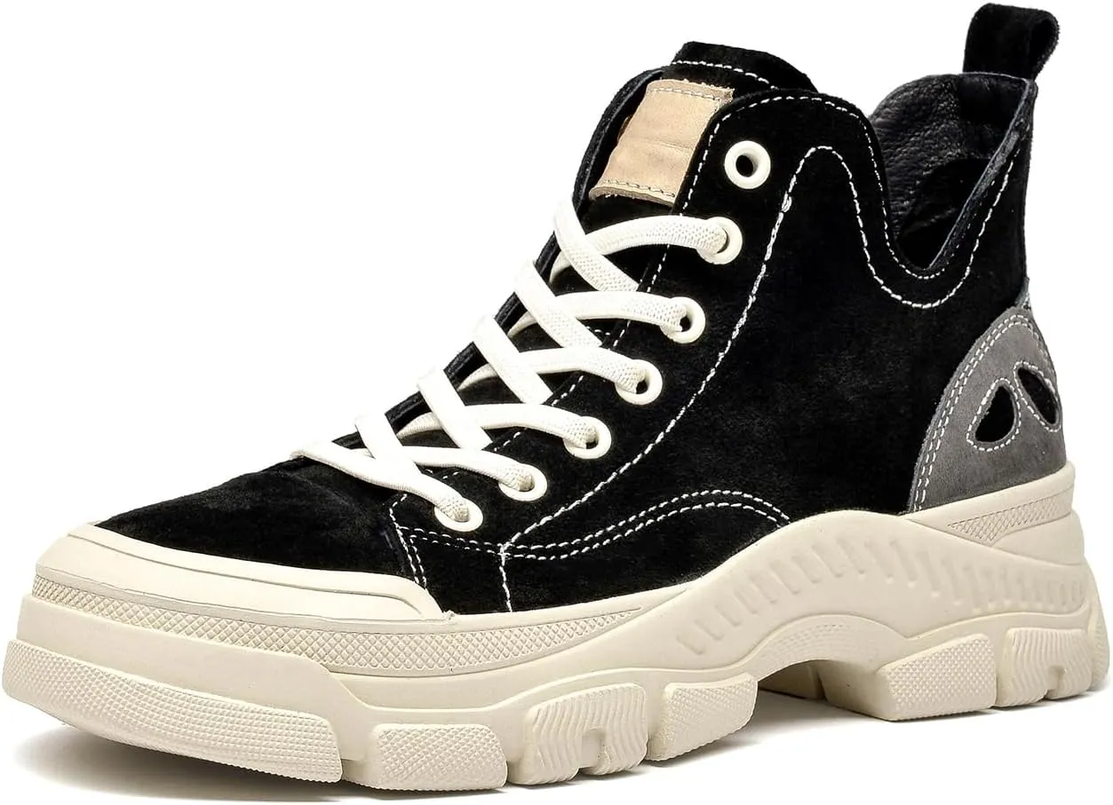 BEAU TODAY Womens Flat Sneakers, Retro Comfortable Lace-up Fashion Sneakers for Women, Buckle Decoration Casual Leather Walking Shoes