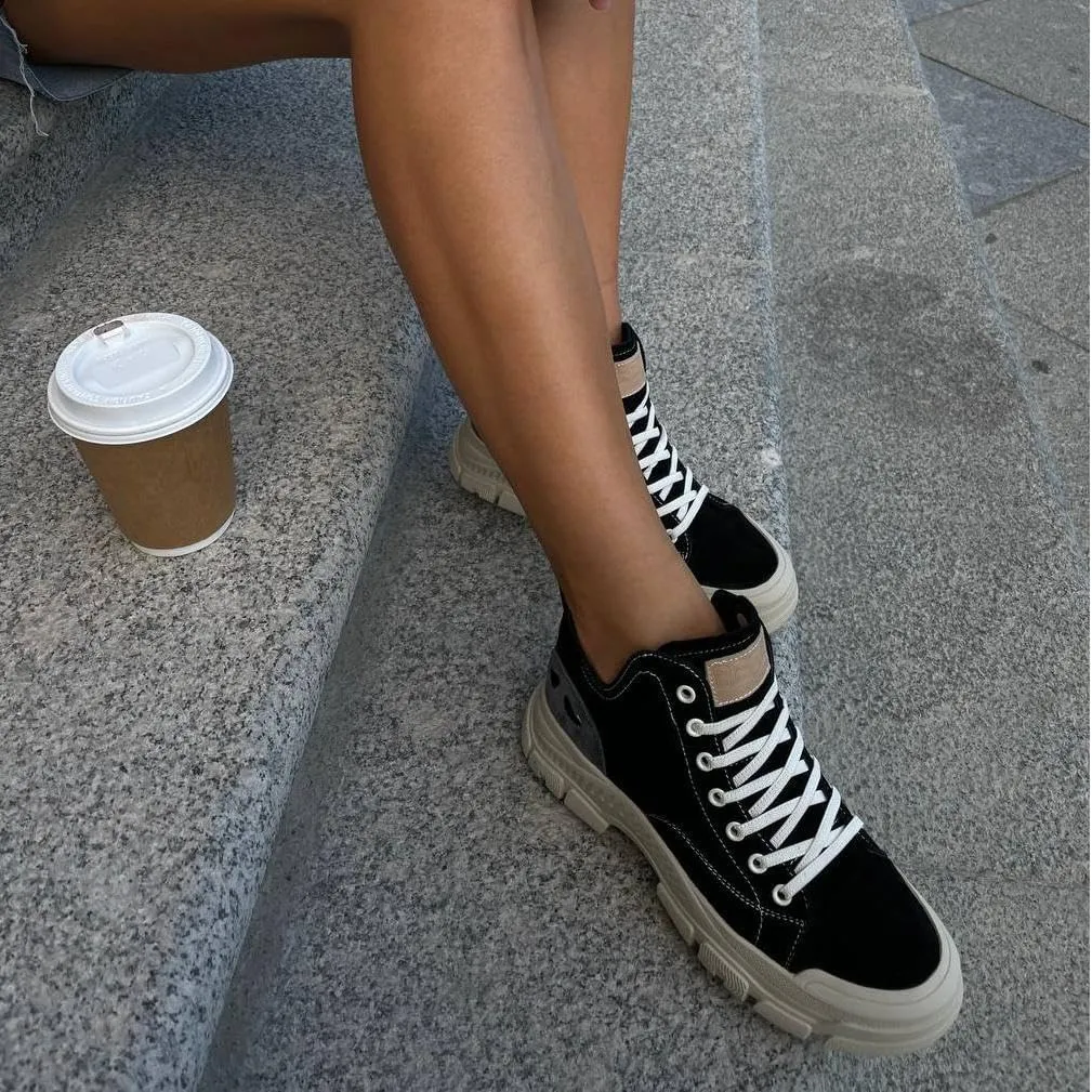 BEAU TODAY Womens Flat Sneakers, Retro Comfortable Lace-up Fashion Sneakers for Women, Buckle Decoration Casual Leather Walking Shoes