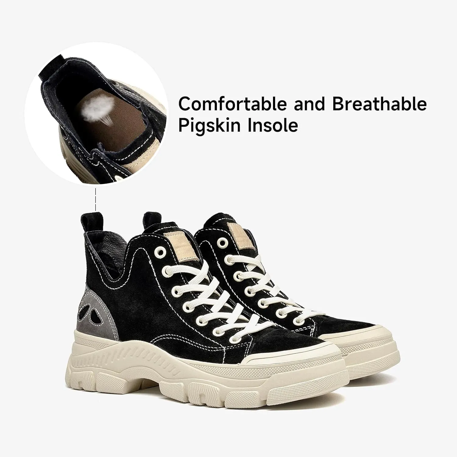 BEAU TODAY Womens Flat Sneakers, Retro Comfortable Lace-up Fashion Sneakers for Women, Buckle Decoration Casual Leather Walking Shoes