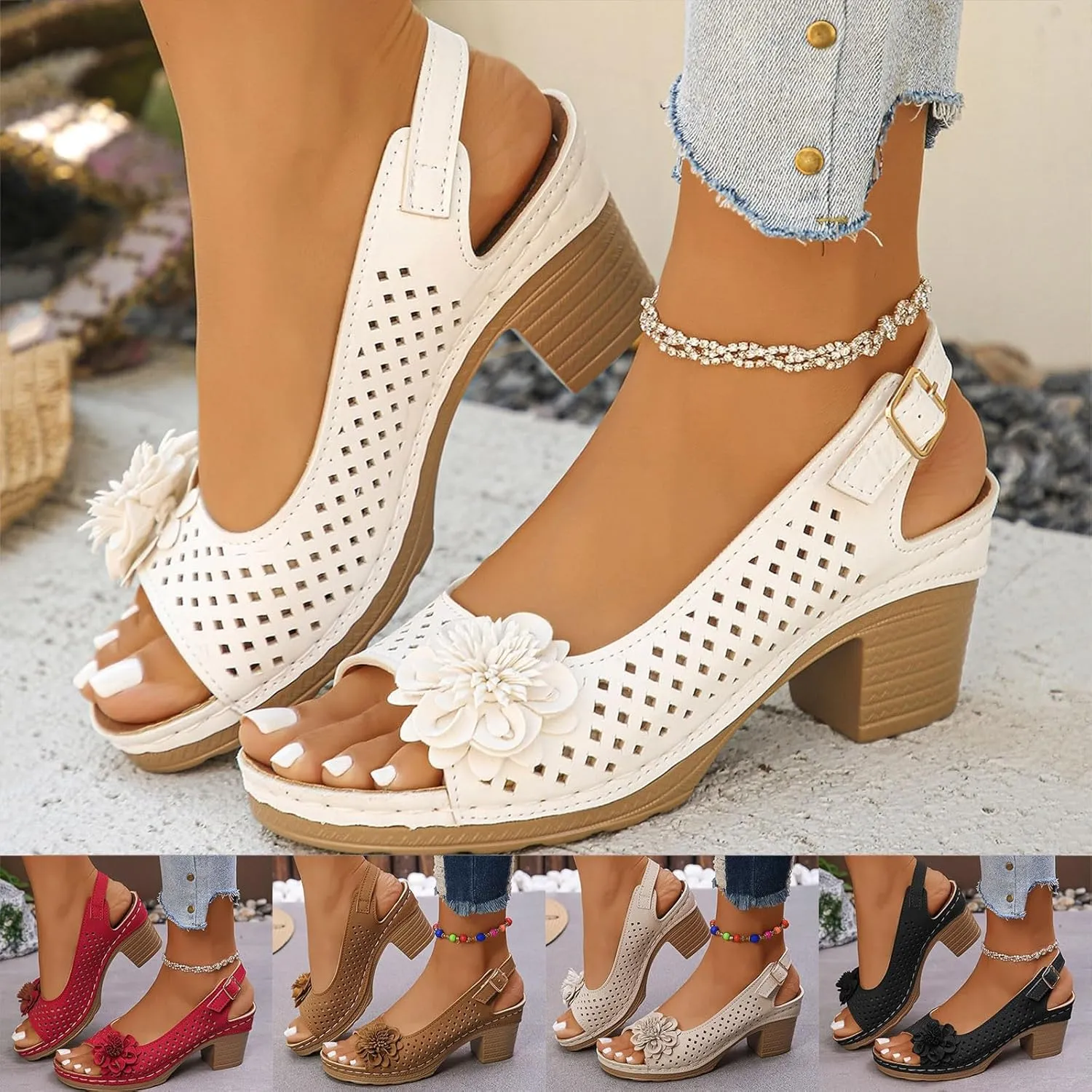 Block Heel Sandals for Women 2025 Comfort Dressy Women's Fish Mouth Flowers Comfortable Hollow Out Slingback Sandals Chunky Block Heel Cut-Out Leather Dress Adjustable Strappy Shoes for Daily Wear