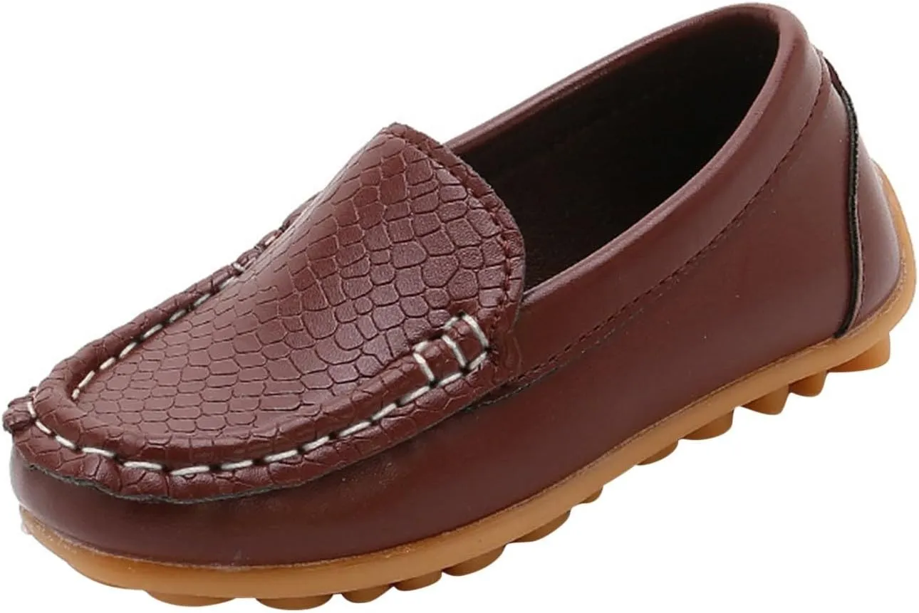 Boys Girls Leather Loafers Slip-On Texture Flat𝘀 Boat Dress Soft Sole 𝗠occasins School Daily Walking Shoes