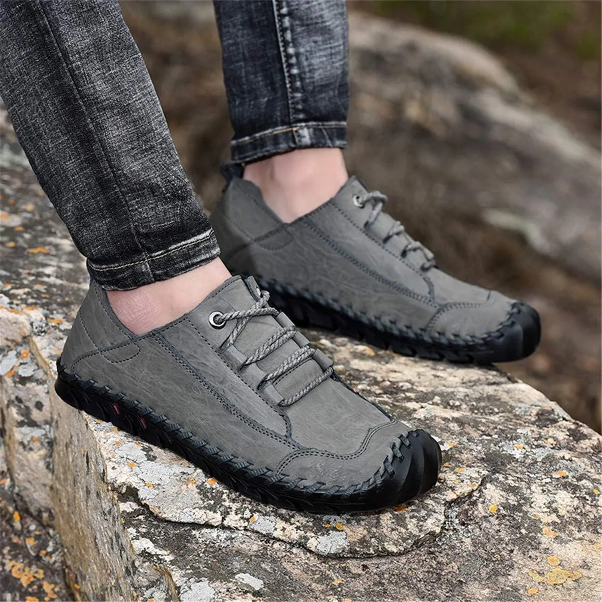 ChicWind Men's Hand Stitching Breathable Leather Sneakers Comfort Lace Up Driving Shoes