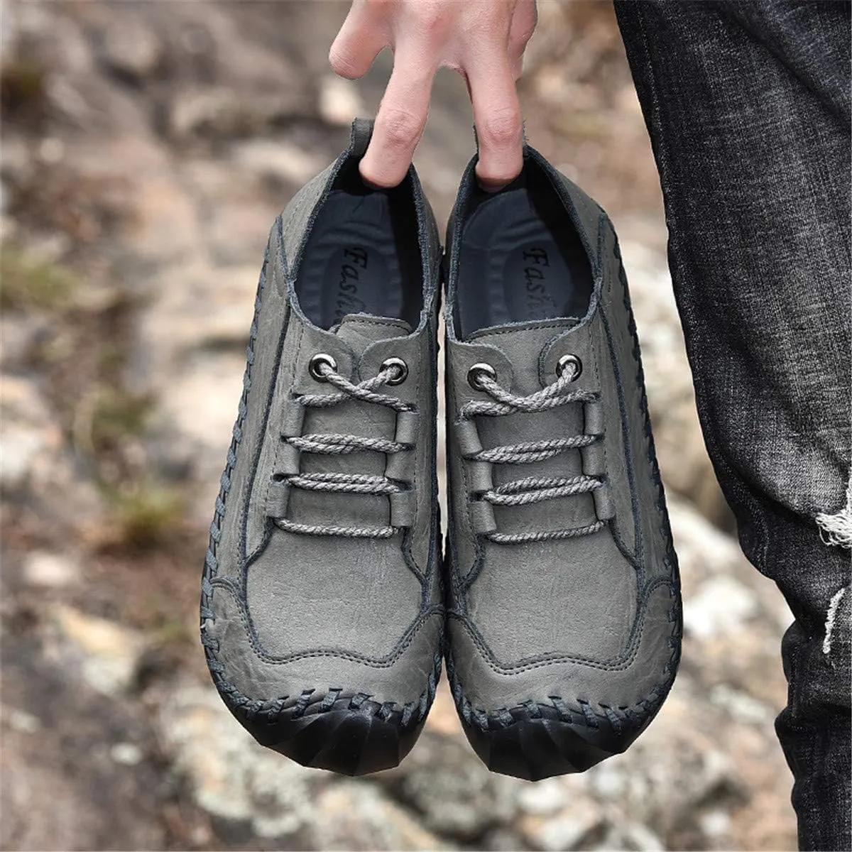 ChicWind Men's Hand Stitching Breathable Leather Sneakers Comfort Lace Up Driving Shoes