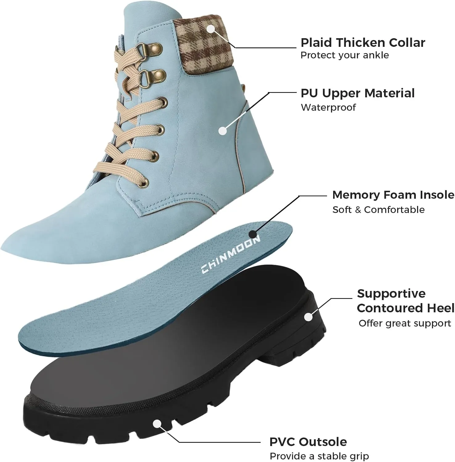 CHIN·MOON Women's Waterproof Backpacking Boots Non Slip Ankle Hiking Casual Shoes