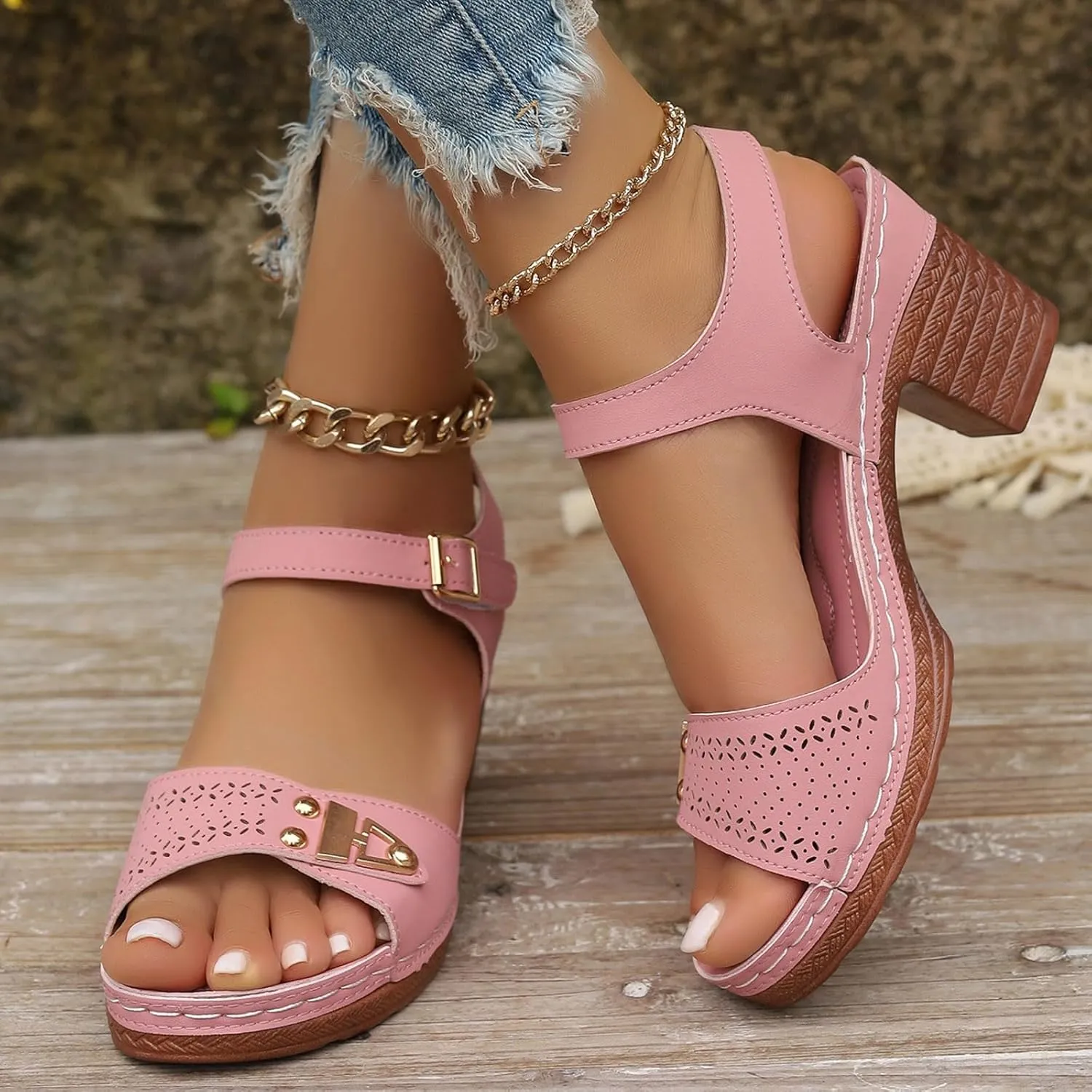Chunky Block Heeled Sandals for Women Ankle Strappy Open Toe Dressy Heels Sandals Ladies Comfy Wedding Party Dress Shoes