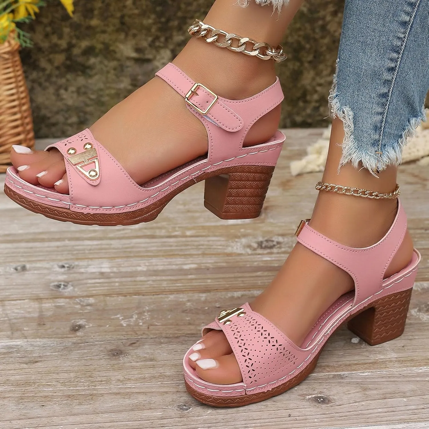 Chunky Block Heeled Sandals for Women Ankle Strappy Open Toe Dressy Heels Sandals Ladies Comfy Wedding Party Dress Shoes