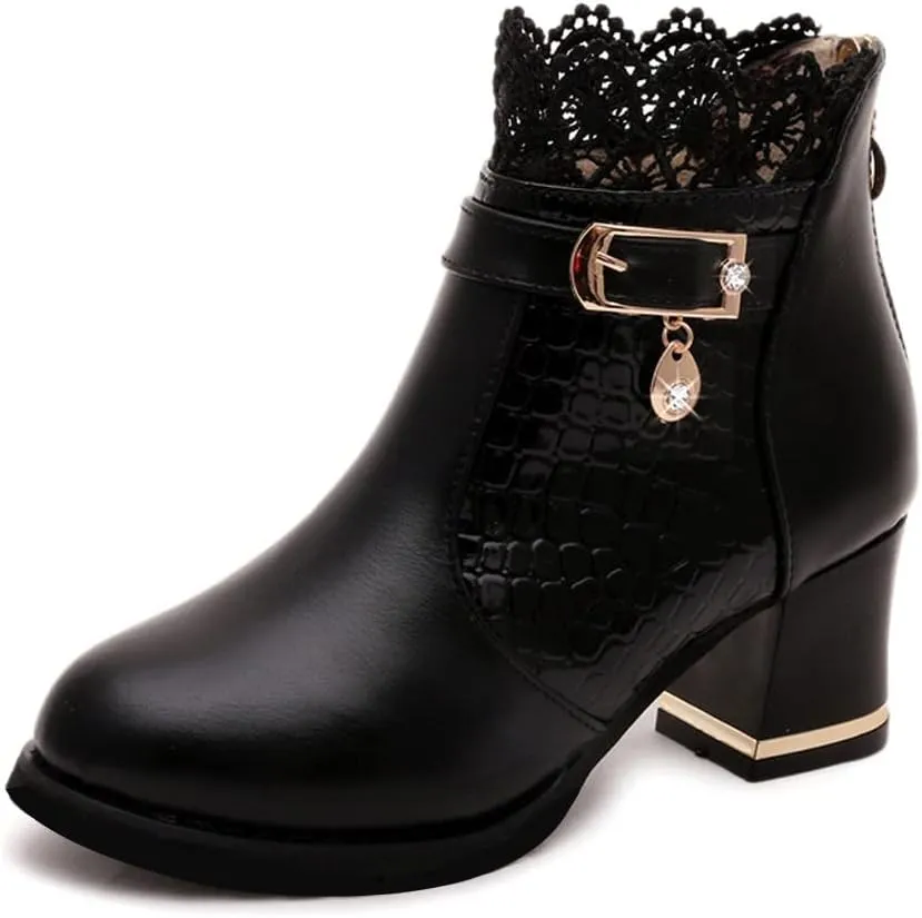 Chunky Heels Boots Lace Trim Trendy Ankle Booties High Heel Sweet Lace Back Zipper Shoes Vintage Bootie for Women