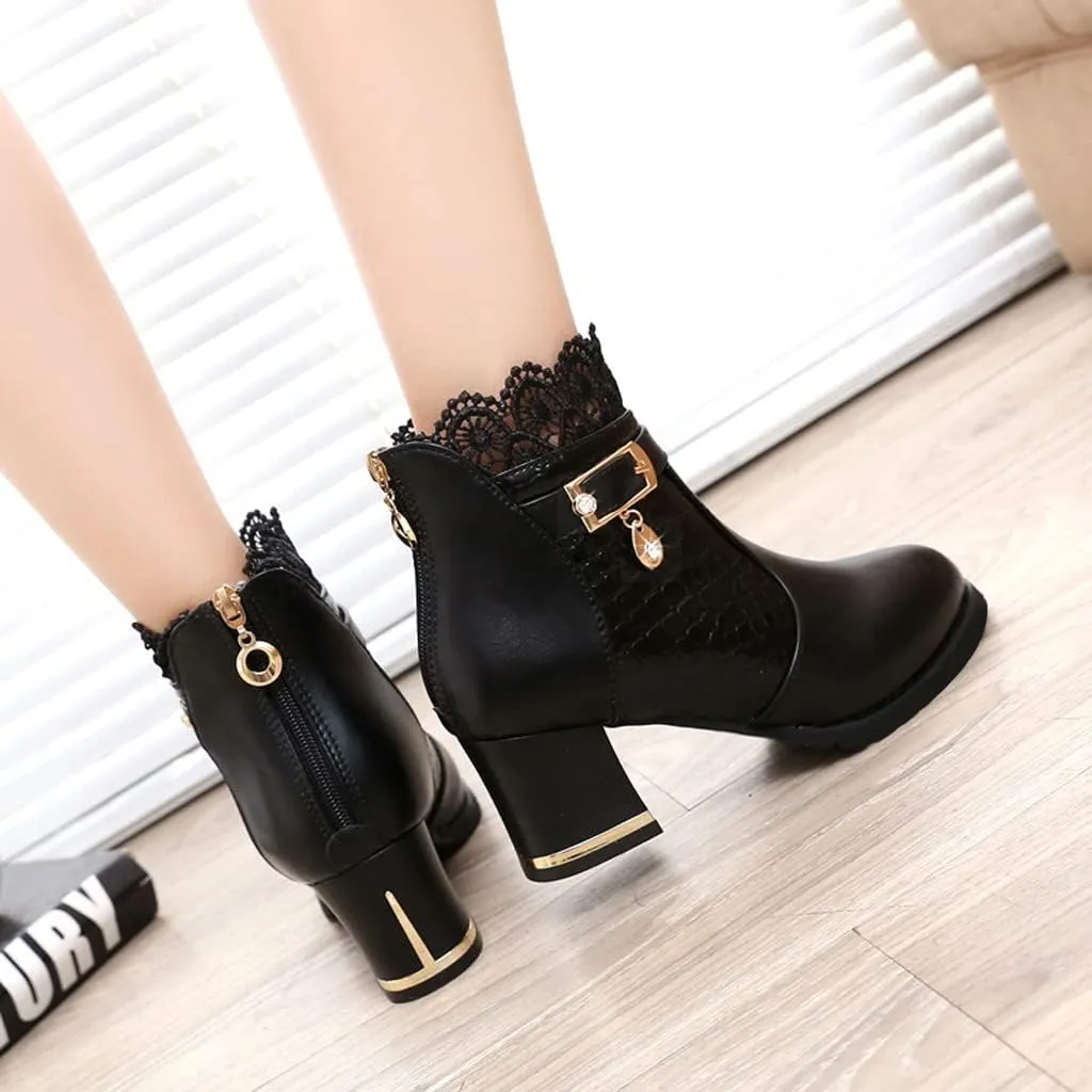 Chunky Heels Boots Lace Trim Trendy Ankle Booties High Heel Sweet Lace Back Zipper Shoes Vintage Bootie for Women