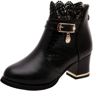 Chunky Heels Boots Lace Trim Trendy Ankle Booties High Heel Sweet Lace Back Zipper Shoes Vintage Bootie for Women
