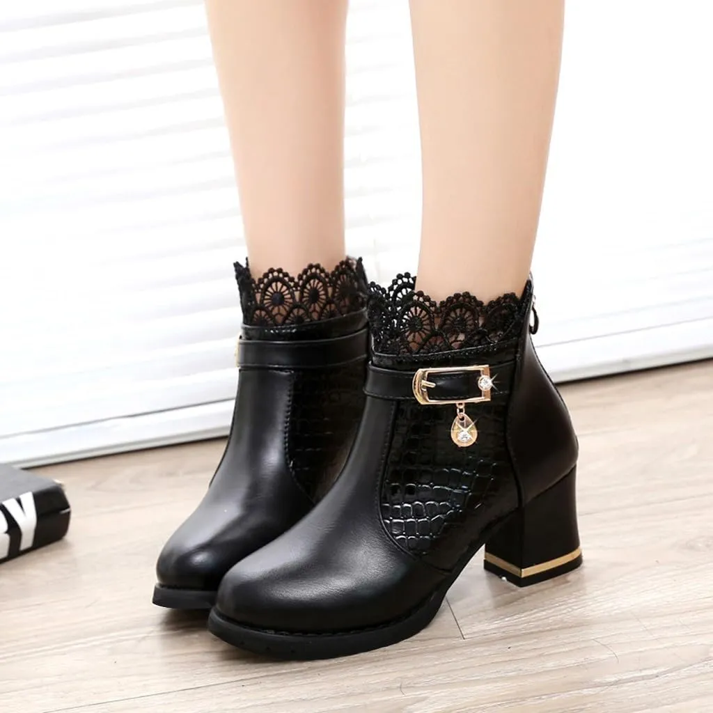 Chunky Heels Boots Lace Trim Trendy Ankle Booties High Heel Sweet Lace Back Zipper Shoes Vintage Bootie for Women
