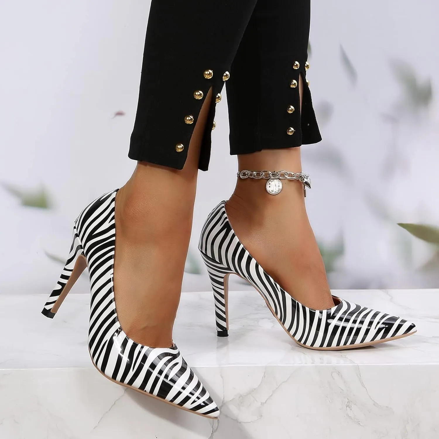 Closed toe Leather Shoes for Women Sandals Dressy Heels Kitten Heel Pointed toe Zebra Print Summer Stripes