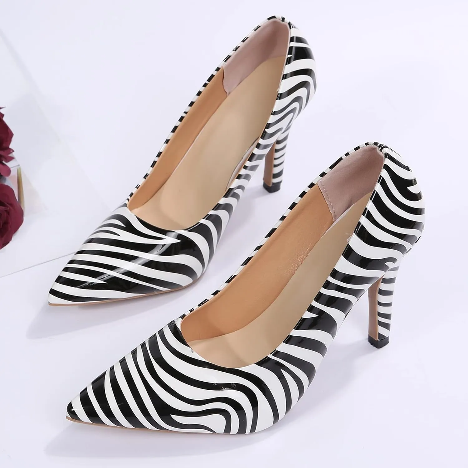 Closed toe Leather Shoes for Women Sandals Dressy Heels Kitten Heel Pointed toe Zebra Print Summer Stripes