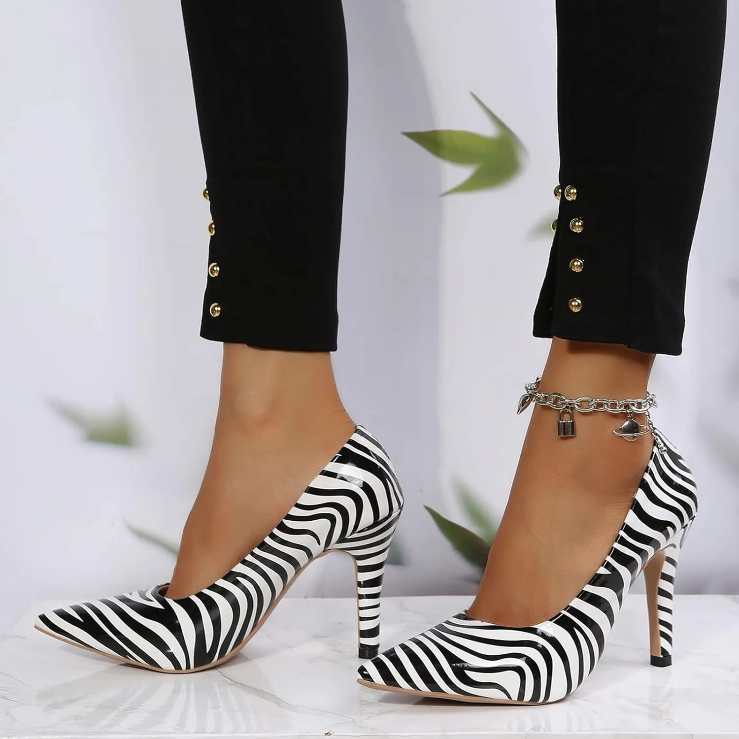 Closed toe Leather Shoes for Women Sandals Dressy Heels Kitten Heel Pointed toe Zebra Print Summer Stripes
