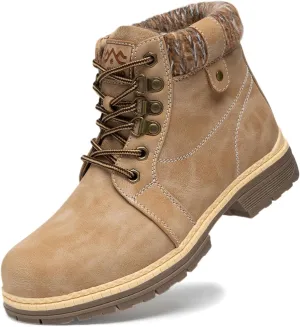 COTTIMO Snow Hiking Winter Boots for Women - Casual Brown Combat Work Boot - Non-slip Fur-Lined Ankle Boots - Fashion Boots Waterproof Leather Shoes