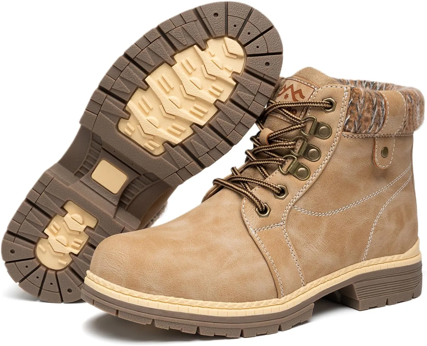 COTTIMO Snow Hiking Winter Boots for Women - Casual Brown Combat Work Boot - Non-slip Fur-Lined Ankle Boots - Fashion Boots Waterproof Leather Shoes