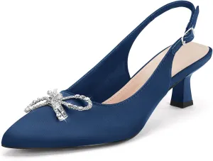 Coutgo Womens Kitten Heels Satin Pumps Slingback Pointed Toe Rhinestone Bow Wedding Dress Shoes