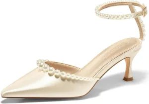 Coutgo Womens Pearl Kitten Heels Closed Pointed Toe Wedding Bride Dress Shoes Ankle Strap Satin Pumps