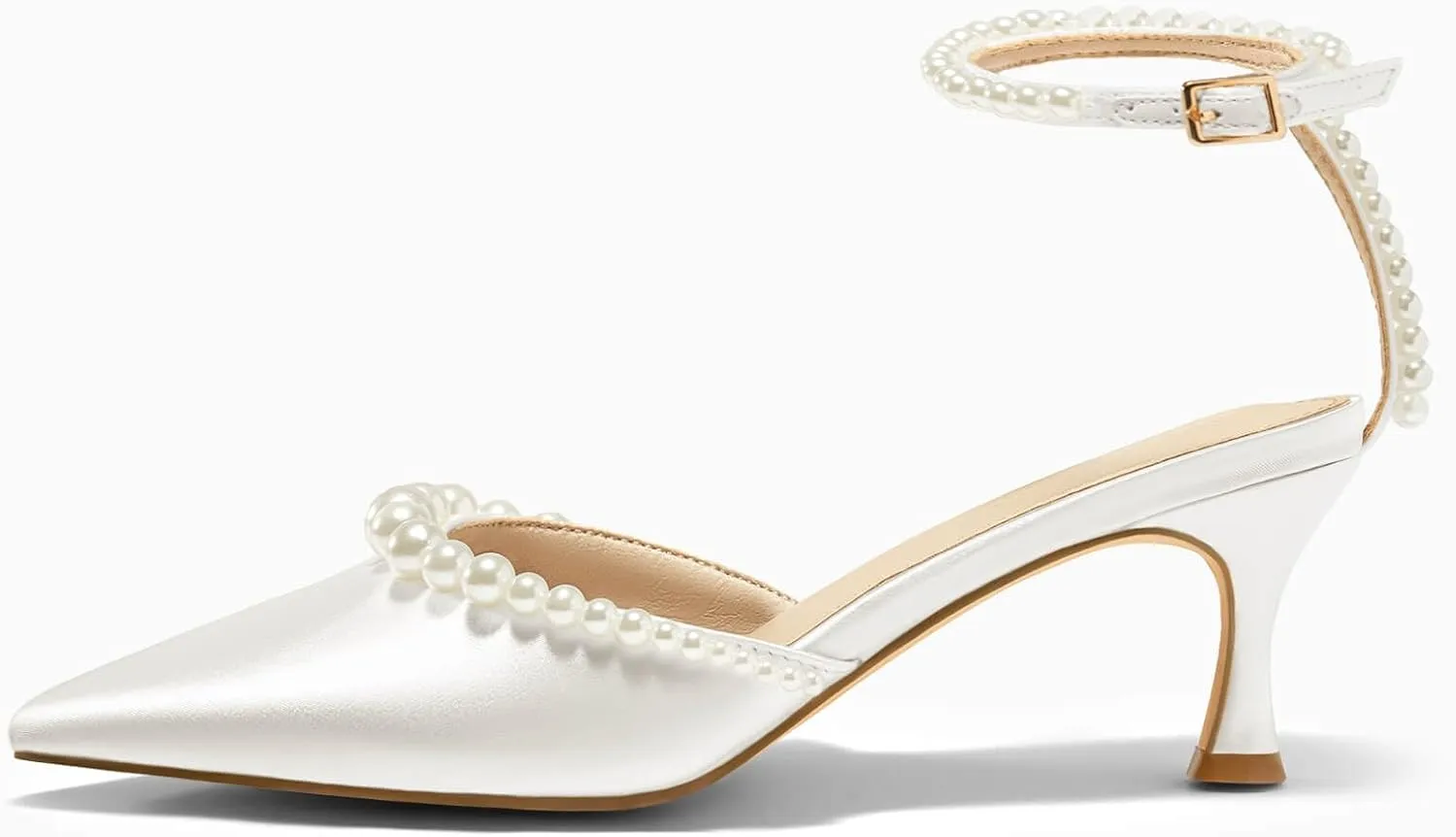 Coutgo Womens Pearl Kitten Heels Closed Pointed Toe Wedding Bride Dress Shoes Ankle Strap Satin Pumps