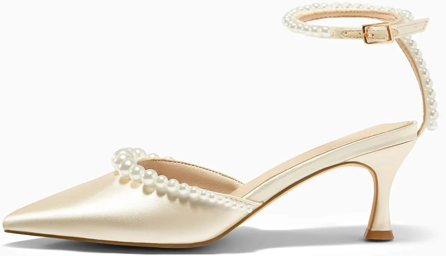 Coutgo Womens Pearl Kitten Heels Closed Pointed Toe Wedding Bride Dress Shoes Ankle Strap Satin Pumps