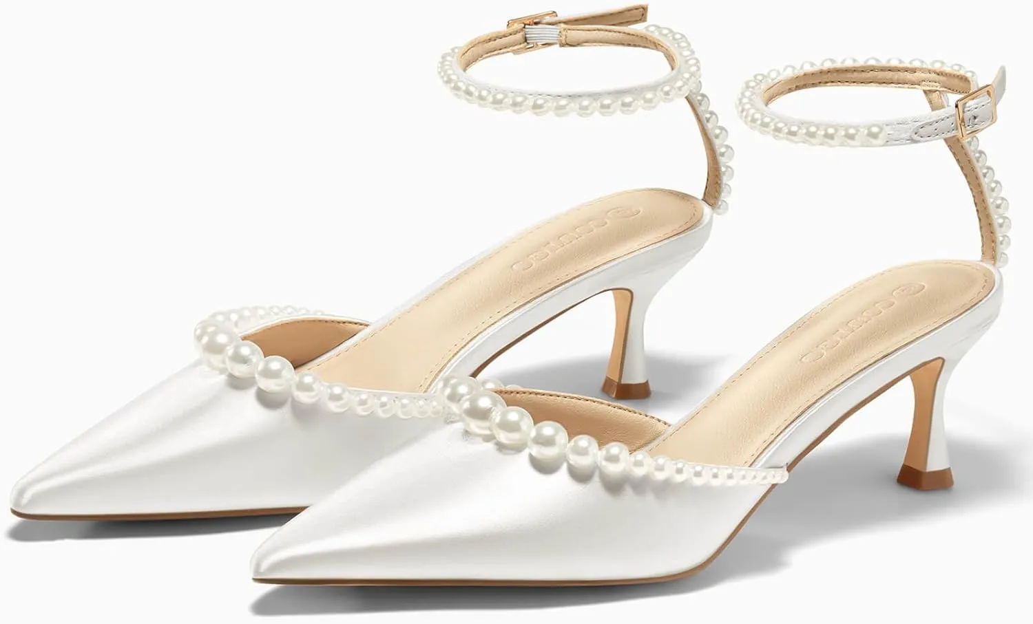 Coutgo Womens Pearl Kitten Heels Closed Pointed Toe Wedding Bride Dress Shoes Ankle Strap Satin Pumps