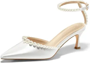 Coutgo Womens Pearl Kitten Heels Closed Pointed Toe Wedding Bride Dress Shoes Ankle Strap Satin Pumps