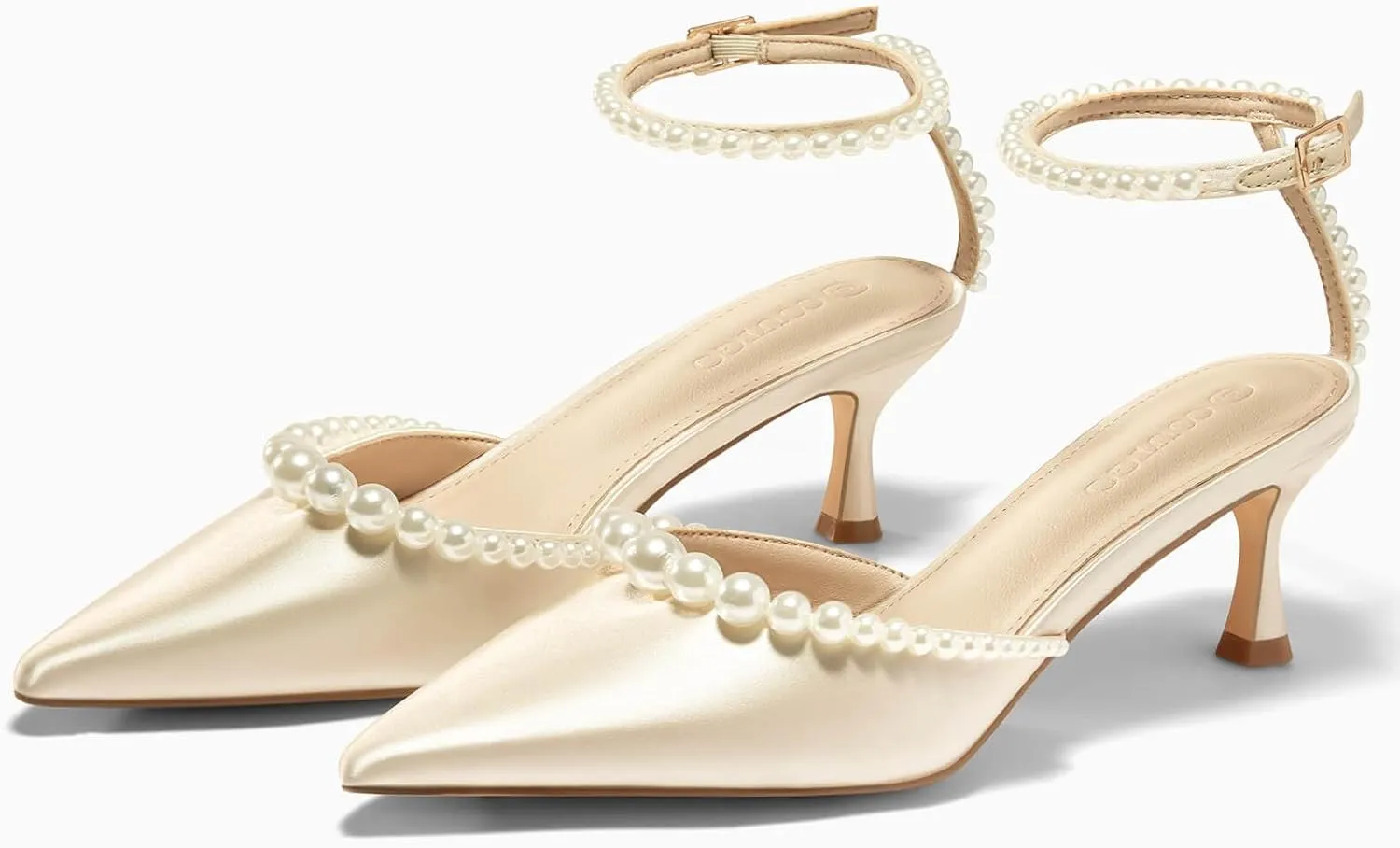Coutgo Womens Pearl Kitten Heels Closed Pointed Toe Wedding Bride Dress Shoes Ankle Strap Satin Pumps