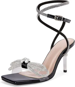 Coutgo Womens Rhinestone Bow Heels Sandals Strappy Lace Up Stiletto Satin Pumps Wedding Dress Shoes