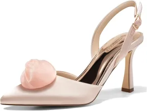Coutgo Womens Slingback High Heels Closed Pointed Toe D'Orsay Satin Buckle Pumps Flower Wedding Dress Shoes