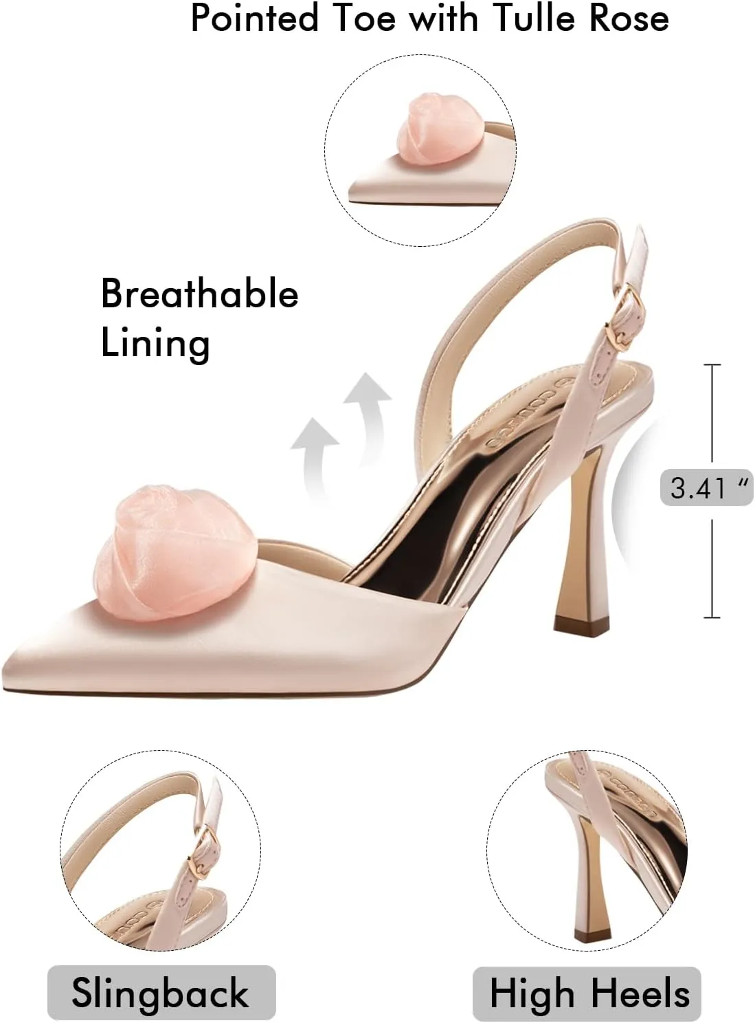 Coutgo Womens Slingback High Heels Closed Pointed Toe D'Orsay Satin Buckle Pumps Flower Wedding Dress Shoes