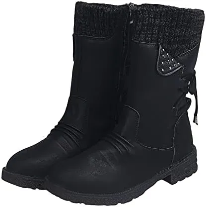 Ctreela Women's Fashion Slouchy Snow Booties Slip-On Mid Calf Chunky Heel Winter Boots Comfortable Combat Boot with Side Zip