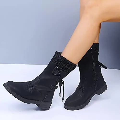 Ctreela Women's Fashion Slouchy Snow Booties Slip-On Mid Calf Chunky Heel Winter Boots Comfortable Combat Boot with Side Zip
