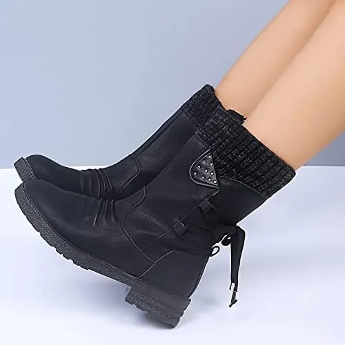Ctreela Women's Fashion Slouchy Snow Booties Slip-On Mid Calf Chunky Heel Winter Boots Comfortable Combat Boot with Side Zip