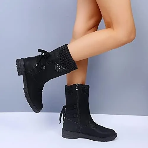 Ctreela Women's Fashion Slouchy Snow Booties Slip-On Mid Calf Chunky Heel Winter Boots Comfortable Combat Boot with Side Zip