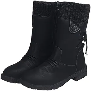 Ctreela Women's Fashion Slouchy Snow Booties Slip-On Mid Calf Chunky Heel Winter Boots Comfortable Combat Boot with Side Zip