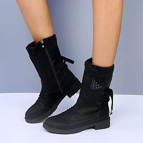 Ctreela Women's Fashion Slouchy Snow Booties Slip-On Mid Calf Chunky Heel Winter Boots Comfortable Combat Boot with Side Zip