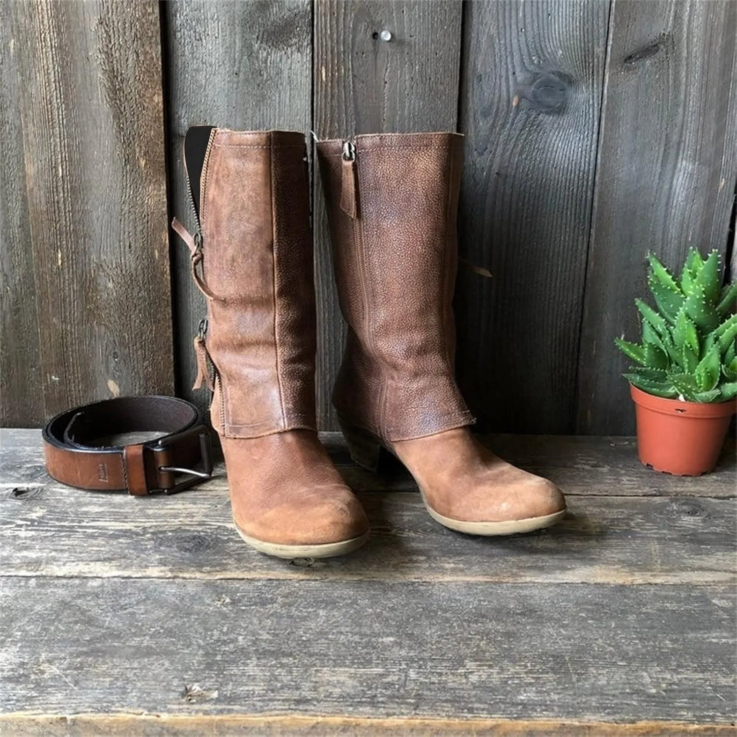 Ctreela Womens Western Cowgirl Riding Boots Vintage Slouch Wide Calf Cowboy Booties Zipper Mid-Calf Retro Motorbike Boots