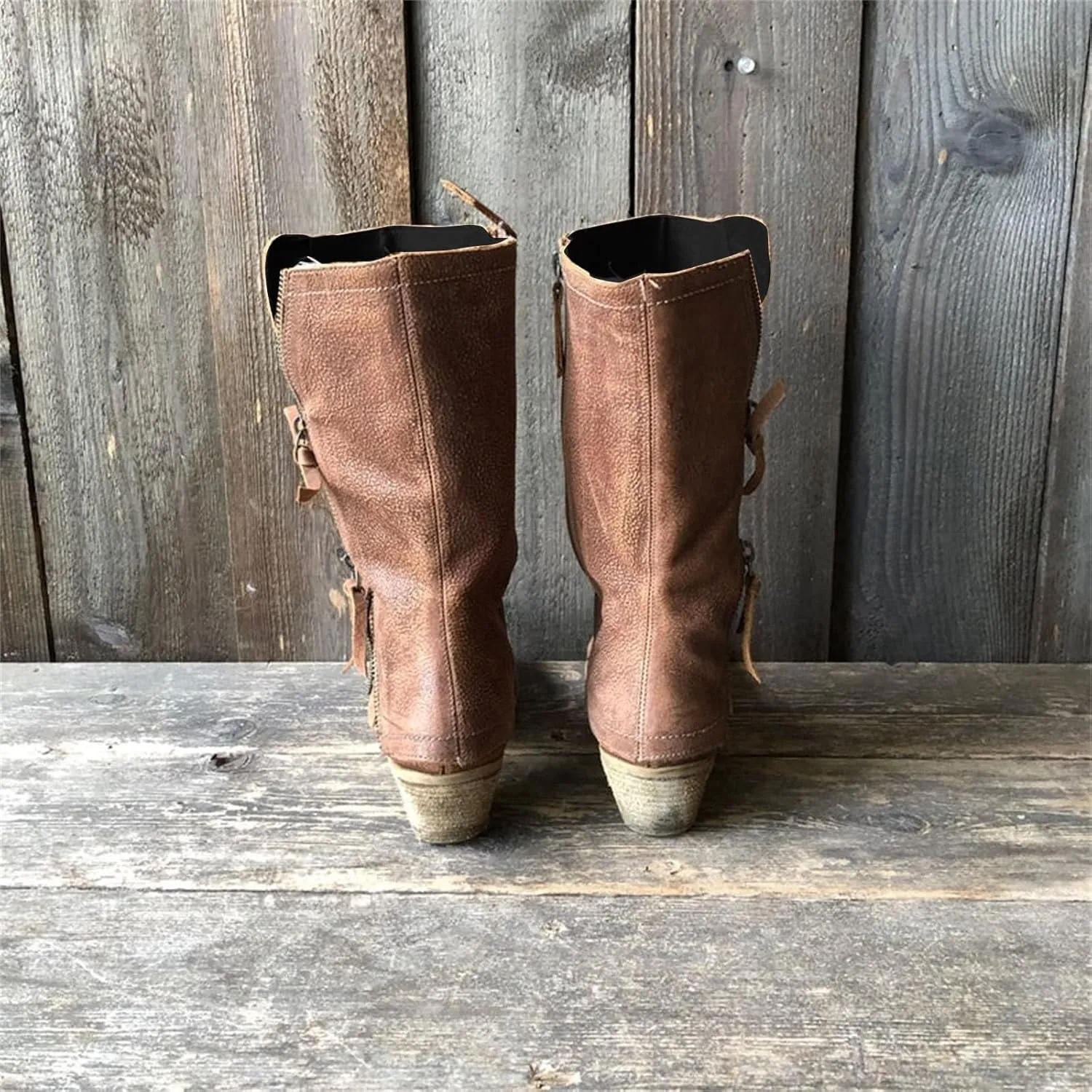 Ctreela Womens Western Cowgirl Riding Boots Vintage Slouch Wide Calf Cowboy Booties Zipper Mid-Calf Retro Motorbike Boots