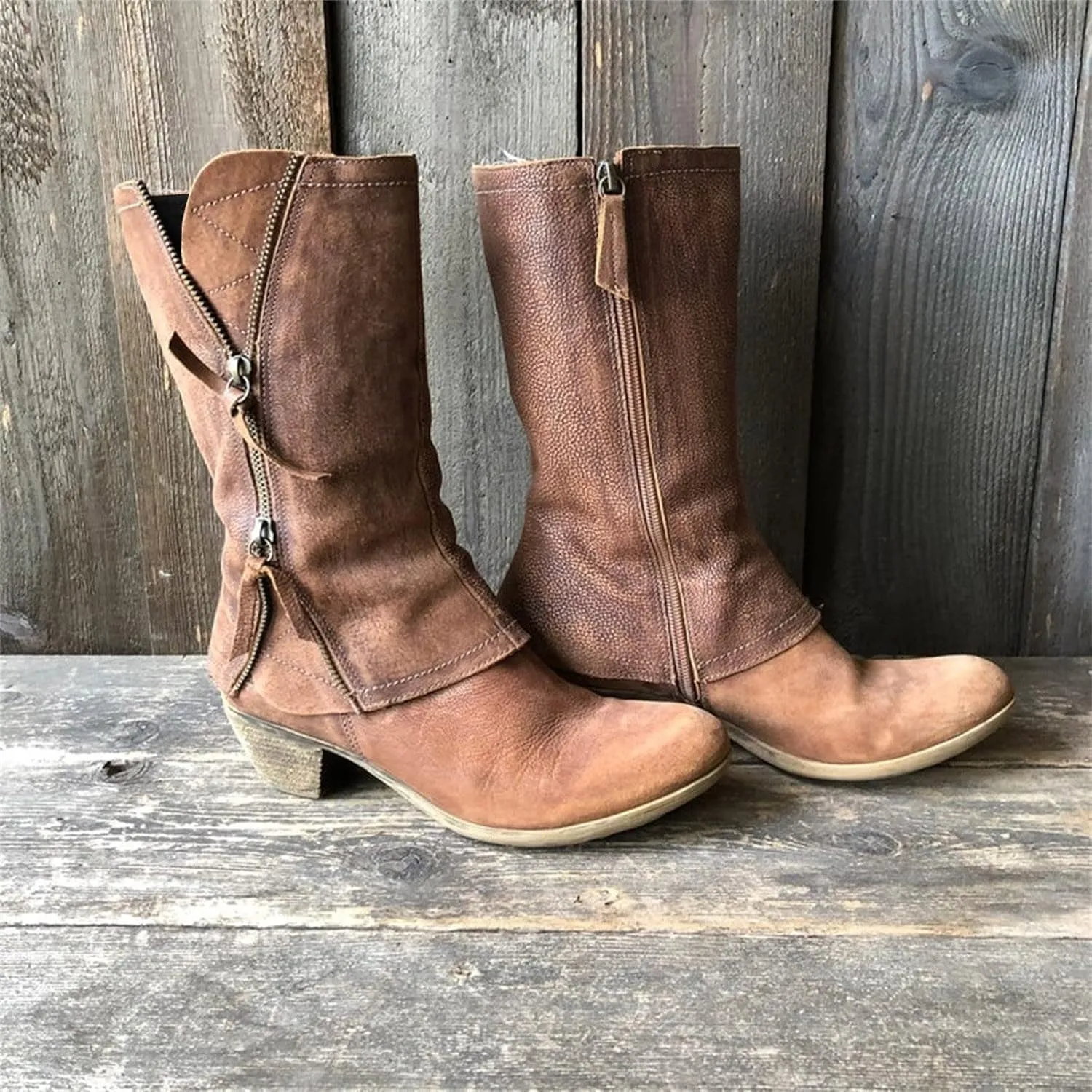 Ctreela Womens Western Cowgirl Riding Boots Vintage Slouch Wide Calf Cowboy Booties Zipper Mid-Calf Retro Motorbike Boots
