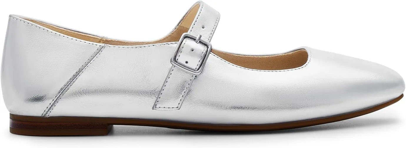 DREAM PAIRS Women's Silver Square Toe Mary Jane Flats: Comfortable Casual Slip On Dress Shoes with Buckle Strap for Women's Daily Wear