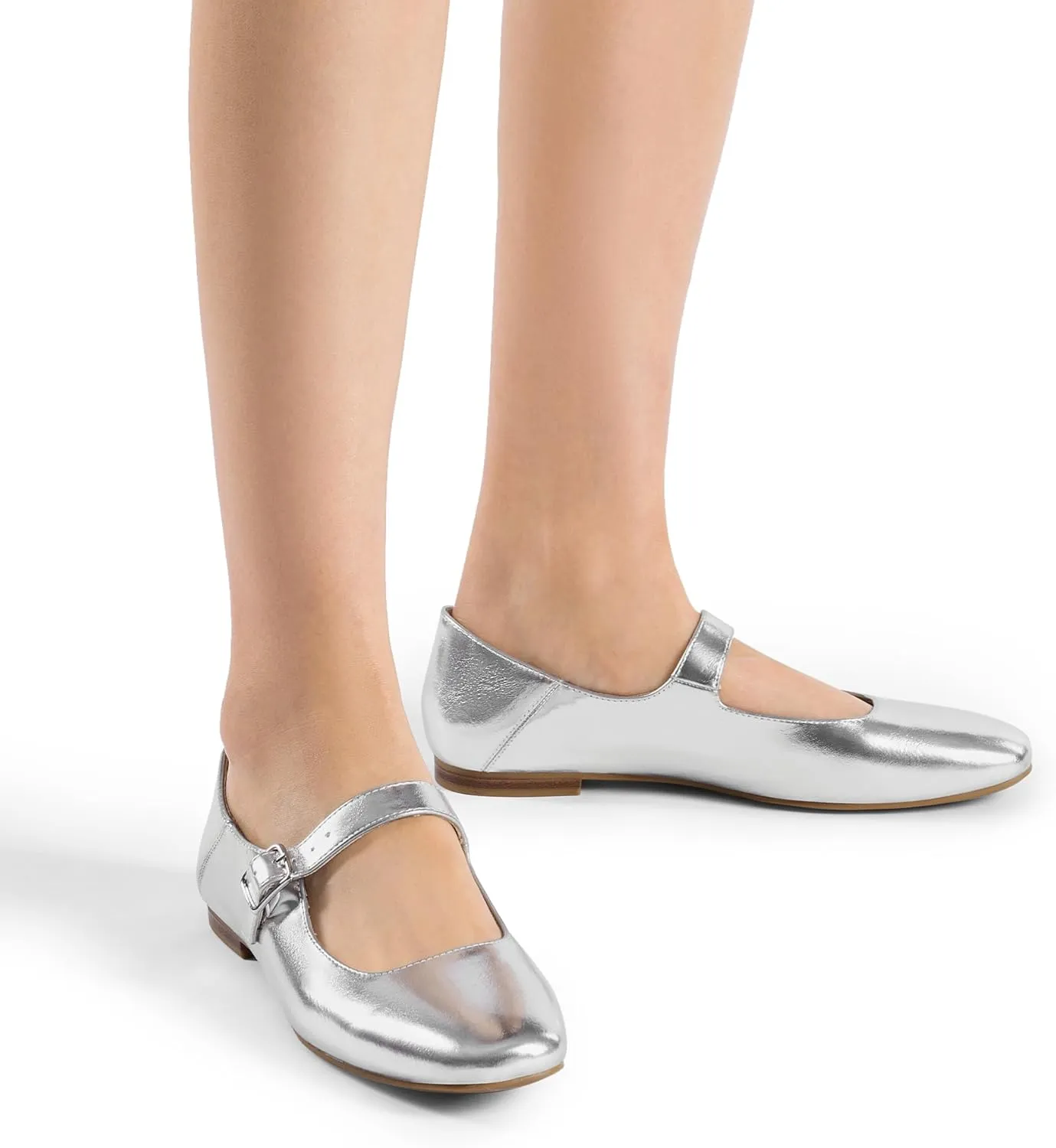 DREAM PAIRS Women's Silver Square Toe Mary Jane Flats: Comfortable Casual Slip On Dress Shoes with Buckle Strap for Women's Daily Wear