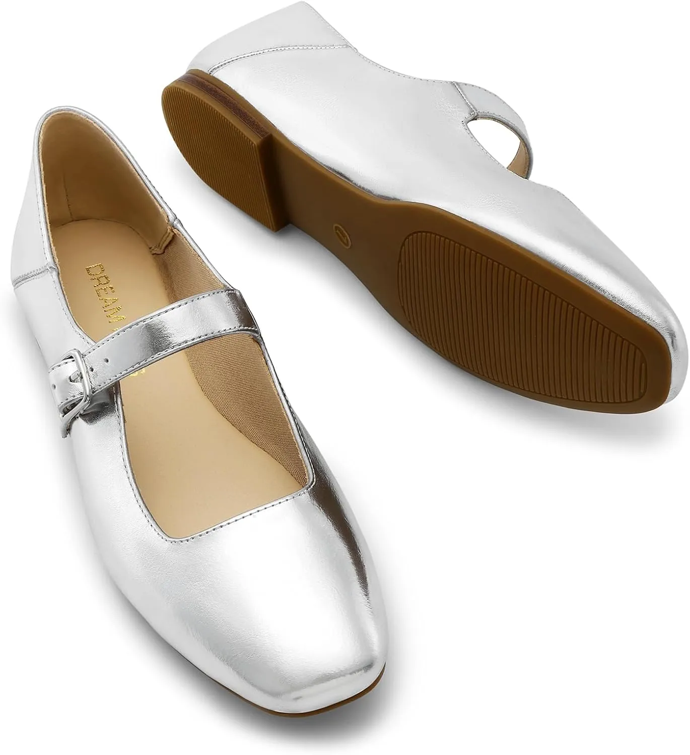 DREAM PAIRS Women's Silver Square Toe Mary Jane Flats: Comfortable Casual Slip On Dress Shoes with Buckle Strap for Women's Daily Wear