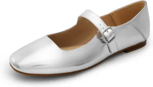 DREAM PAIRS Women's Silver Square Toe Mary Jane Flats: Comfortable Casual Slip On Dress Shoes with Buckle Strap for Women's Daily Wear
