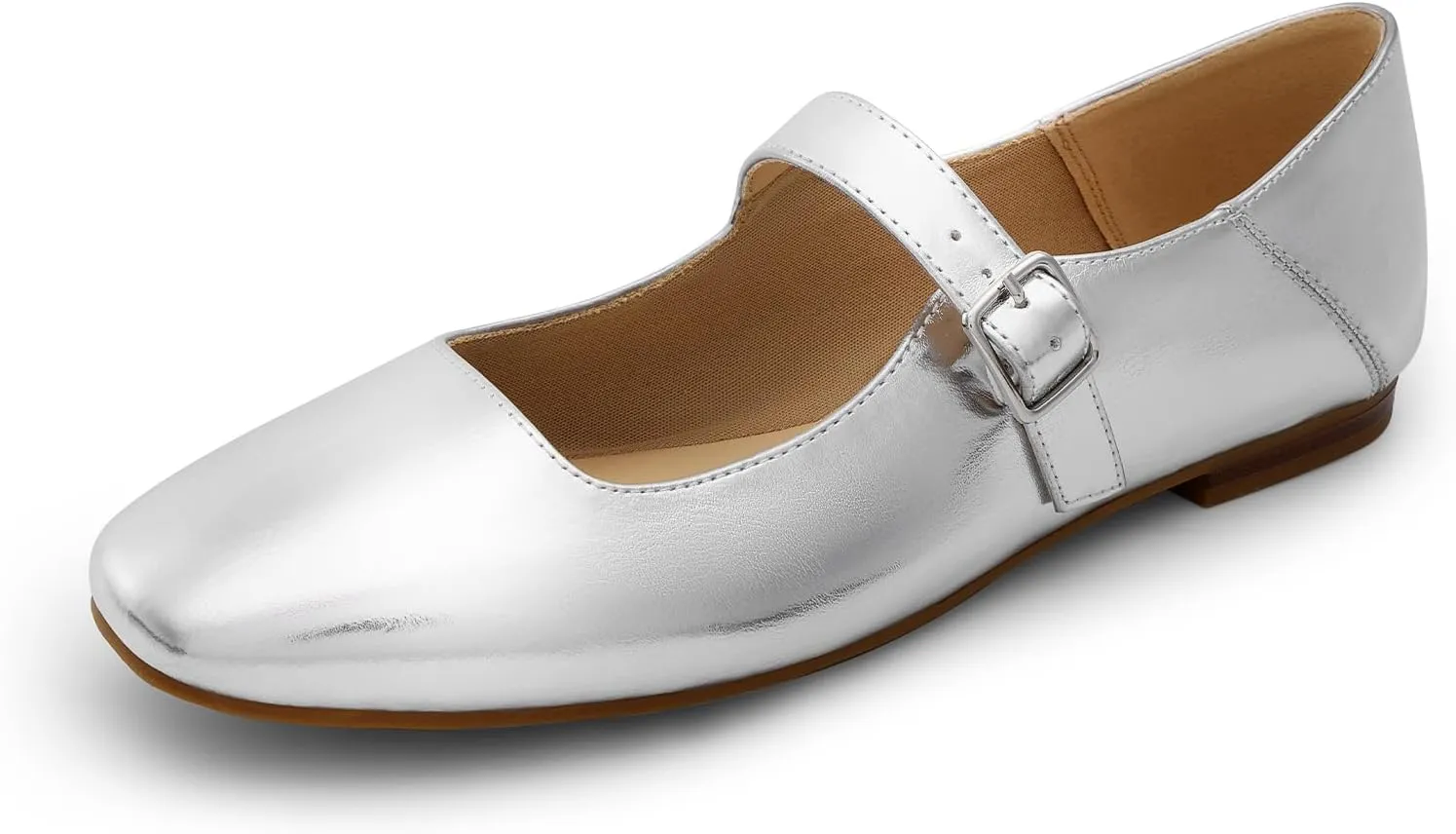 DREAM PAIRS Women's Silver Square Toe Mary Jane Flats: Comfortable Casual Slip On Dress Shoes with Buckle Strap for Women's Daily Wear