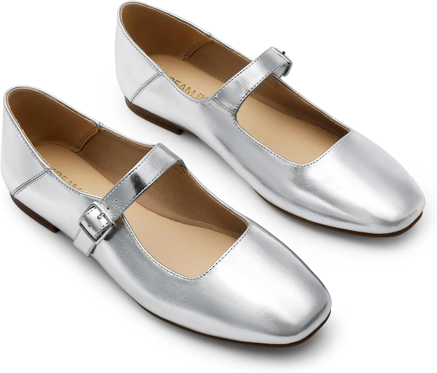 DREAM PAIRS Women's Silver Square Toe Mary Jane Flats: Comfortable Casual Slip On Dress Shoes with Buckle Strap for Women's Daily Wear