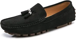 Driving Moccasins for Men Genuine Leather Tassel Suede Vamp Perforated Round Toe Stitching Details Lightweight Flat Heel Anti-Slip Flexible Casual for Any Attire