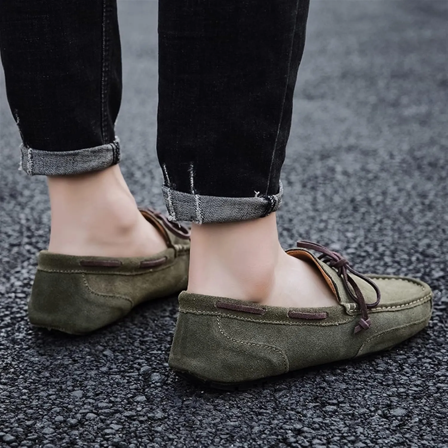 Driving Moccasins Smoking Loafer for Men Suede Vamp Stitching Details Deck Shoes Plain Toe Genuine Leather Resistant Flexible Flat Heel Soft Driving for Any Attire