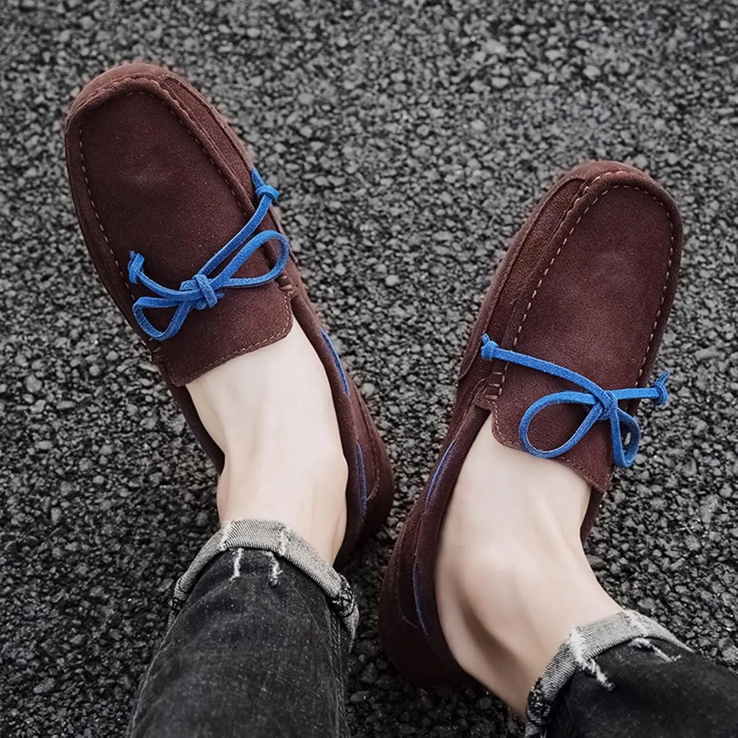Driving Moccasins Smoking Loafer for Men Suede Vamp Stitching Details Deck Shoes Plain Toe Genuine Leather Resistant Flexible Flat Heel Soft Driving for Any Attire