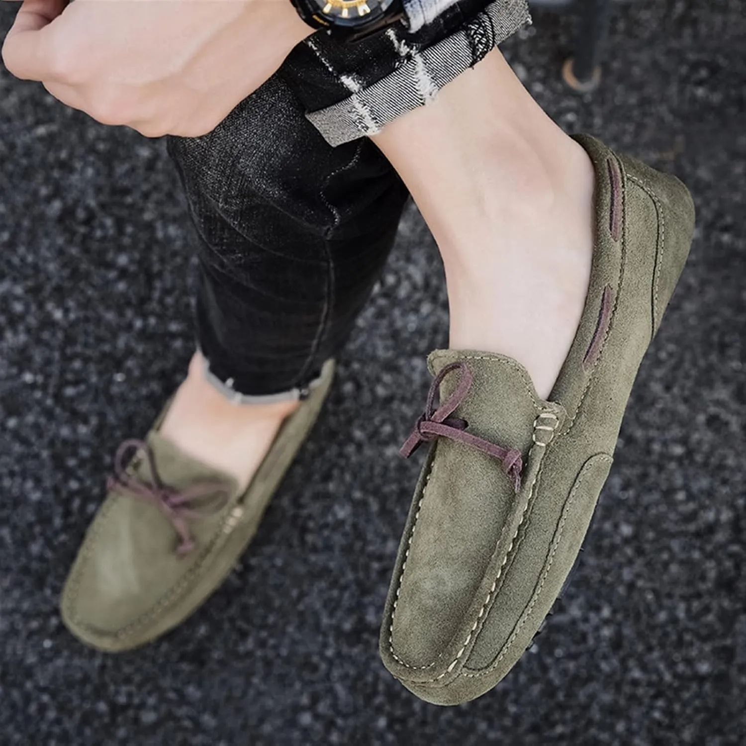 Driving Moccasins Smoking Loafer for Men Suede Vamp Stitching Details Deck Shoes Plain Toe Genuine Leather Resistant Flexible Flat Heel Soft Driving for Any Attire