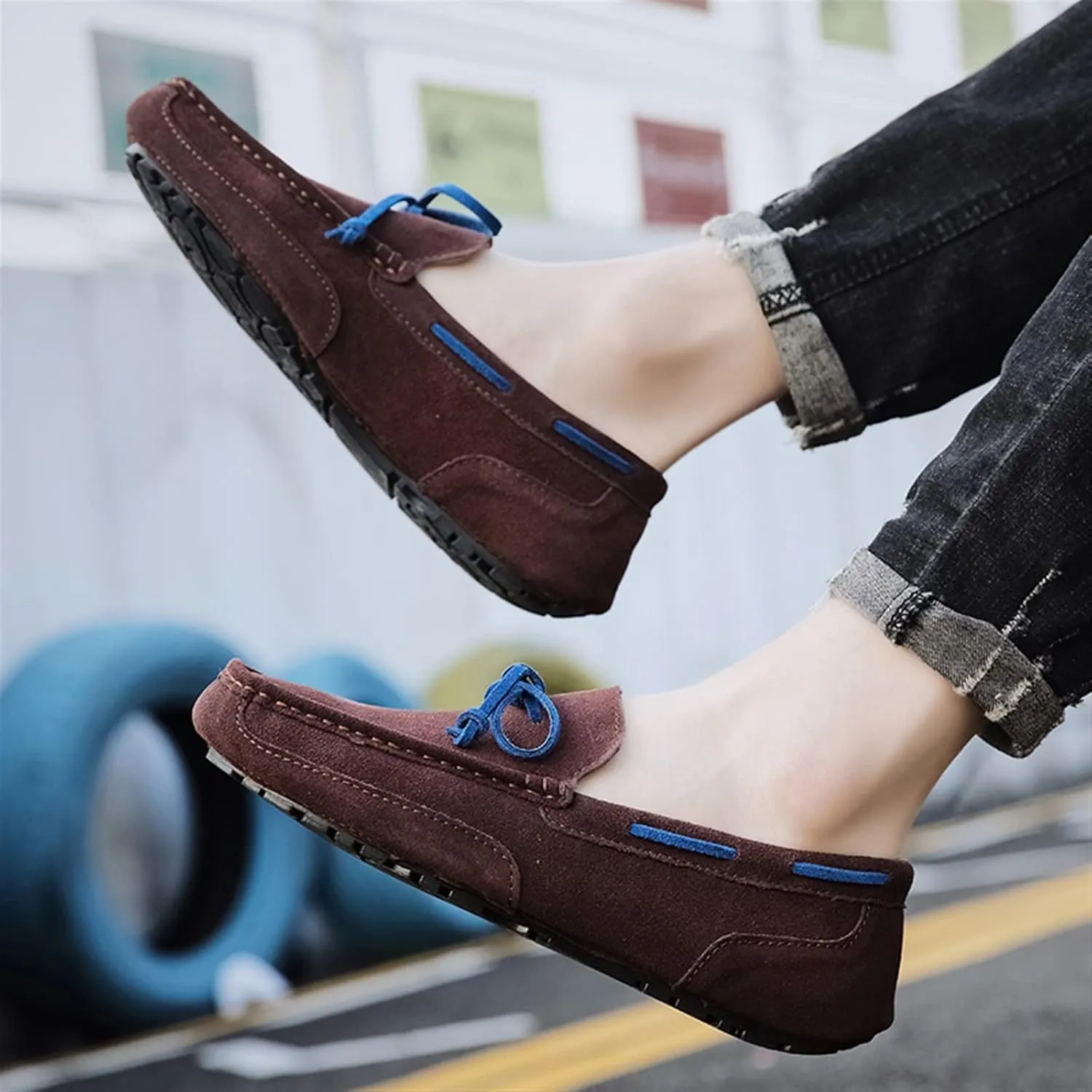 Driving Moccasins Smoking Loafer for Men Suede Vamp Stitching Details Deck Shoes Plain Toe Genuine Leather Resistant Flexible Flat Heel Soft Driving for Any Attire